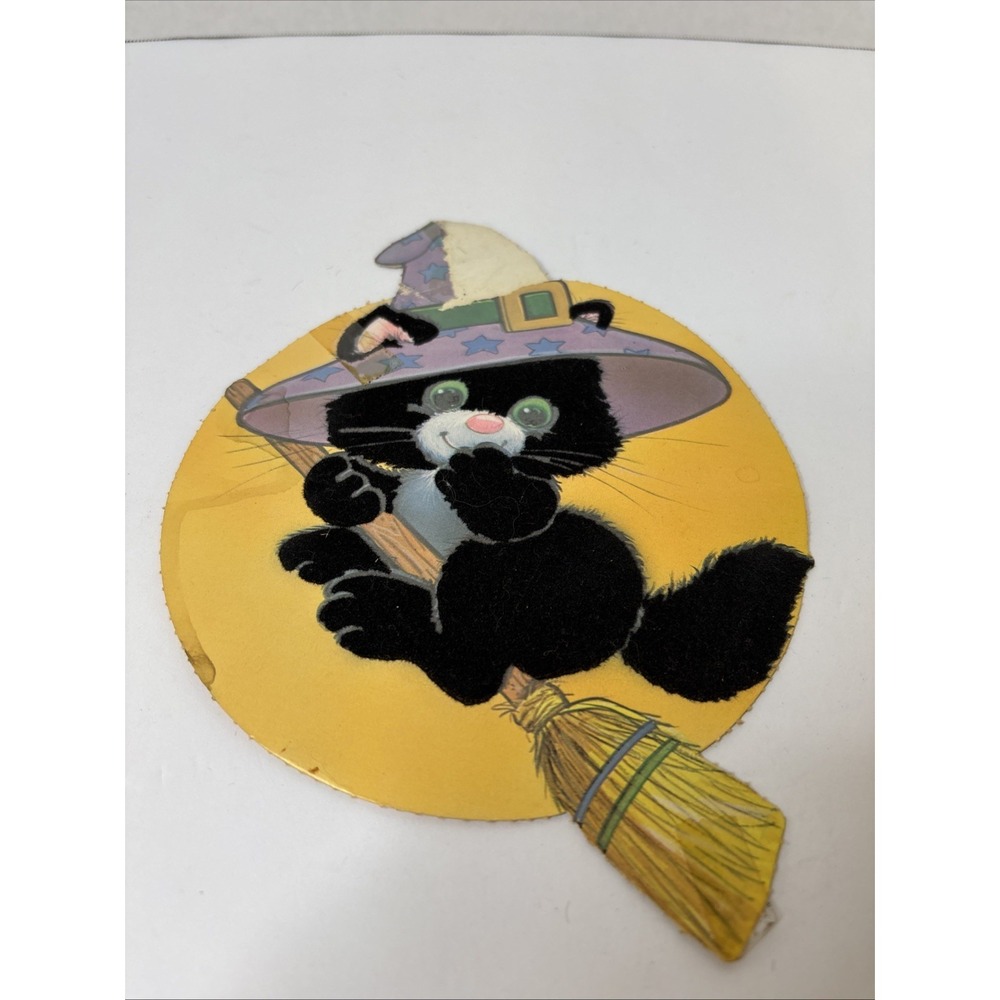 Vintage Halloween Die Cut Felt Black Cat Witch Hat & Flying Broom Diecut HHHH